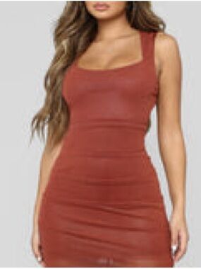Fashion Nova Rust Red Ruched Midi Dress Marsala key hole back mesh
